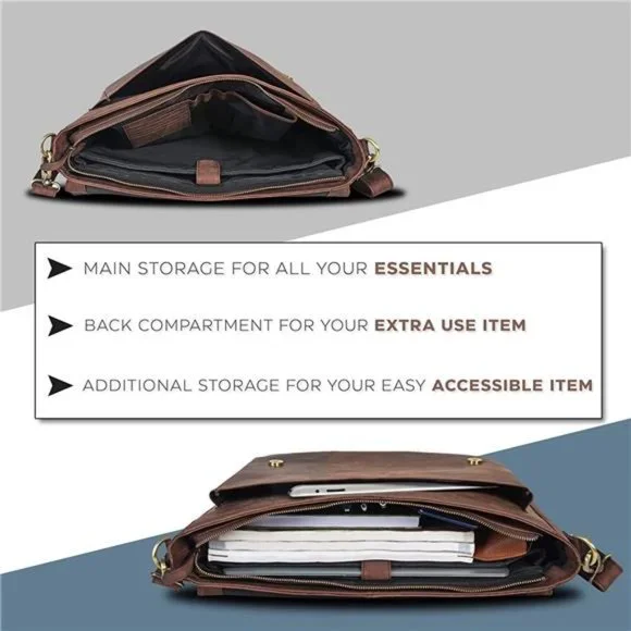 Leather Messenger Bag for Men & Women - Briefcase Bag Adjustable Shoulder Strap
